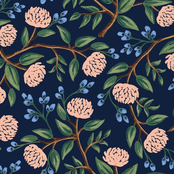 RIFLE PAPER Co Fabric, Rifle Paper Co, Rifle Paper Wildwood Peonies Navy, Rifle Paper Co Peonies in Navy Massenware, Half Yard, FQ