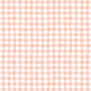 May include: A seamless pattern featuring a watercolor-style gingham design. The pattern consists of a grid of peach and white squares, creating a classic and cheerful aesthetic. The brushstrokes give a soft, hand-painted feel to the design.