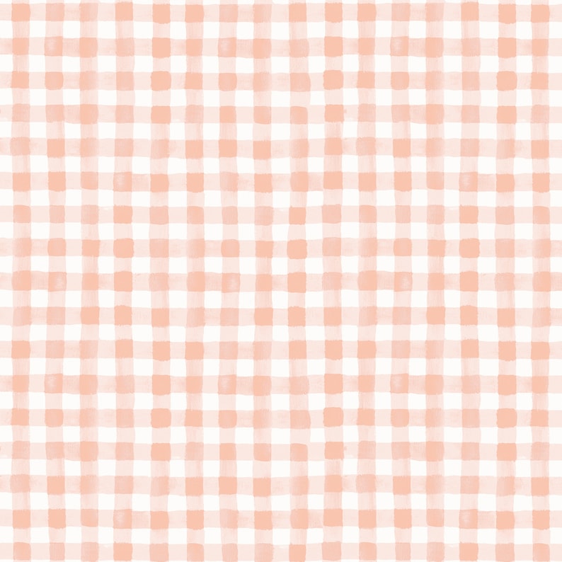 May include: A seamless pattern featuring a watercolor-style gingham design. The pattern consists of a grid of peach and white squares, creating a classic and cheerful aesthetic. The brushstrokes give a soft, hand-painted feel to the design.