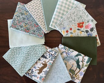 RIFLE PAPER Co. Fat Eighth Bundle Green Collection Basics, Vintage Garden, Wildwood, Solids, Strawberry Fields in Green, Mint, Sage Fabric