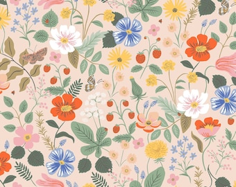 May include: A floral pattern featuring a variety of colorful flowers, including red, white, yellow, and blue blooms, along with green leaves, strawberries, and butterflies, set against a light pink background.