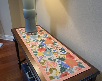 Rifle Paper Co Fabric Double-Sided Table Runner New Release Vintage Garden in Metallic Cream Canvas Flamingo Pink backing