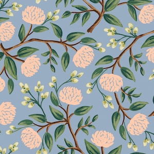 Tessuto RIFLE PAPER Co, Rifle Paper Co, Rifle Paper Wildwood Peonies Dusty Blue, Rifle Paper Co Peonies Dusty tagliate su misura, Half Yard, FQ