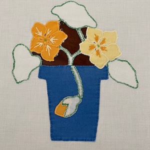 Vintage Handmade Linen Cut Away Pansy Flower Pot Tablecloth