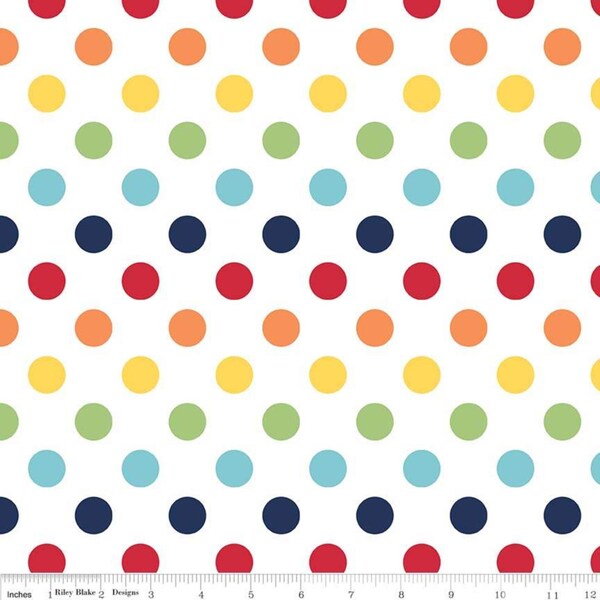 Riley Blake Designs Basic fabric features a 3/4" multi colored polka dot pattern on a white background.