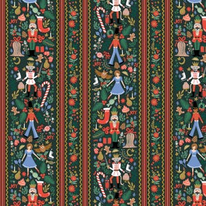 RIFLE PAPER Co Jolly Nutcracker in groen en goud metallic kerstklassiekers katoenstof