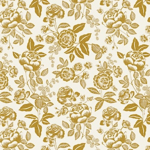 Rifle Paper NEW Release &quot;English Rose&quot; Collection &quot;English Rose&quot; in Gold and Cream Metallic Cotton Rifle Paper Co Fabric