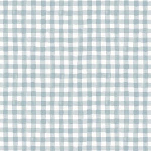 May include: A seamless pattern featuring a light blue and white gingham design. The pattern consists of evenly spaced squares, creating a classic and versatile aesthetic. The watercolor-style brushstrokes add a soft, textured look.