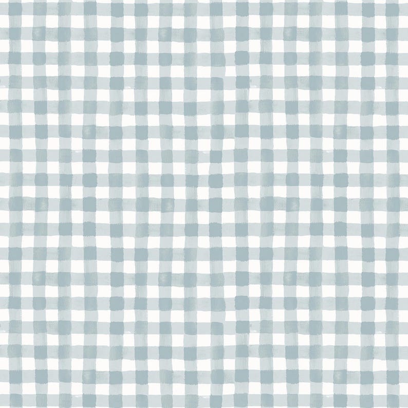 May include: A seamless pattern featuring a light blue and white gingham design. The pattern consists of evenly spaced squares, creating a classic and versatile aesthetic. The watercolor-style brushstrokes add a soft, textured look.