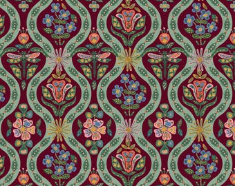 Paquetes de Rifle Paper Co. en tela de algodón con estampado floral metalizado color burdeos - Colección Rosa Inglesa