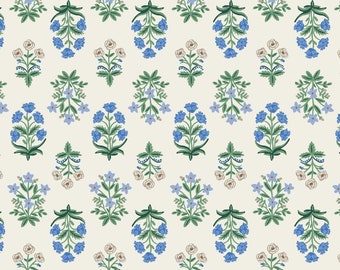 Rifle Paper Fabric Camont 18th Century French Farmhouse Inspired Blue Mughal Rose in Cream Fabric