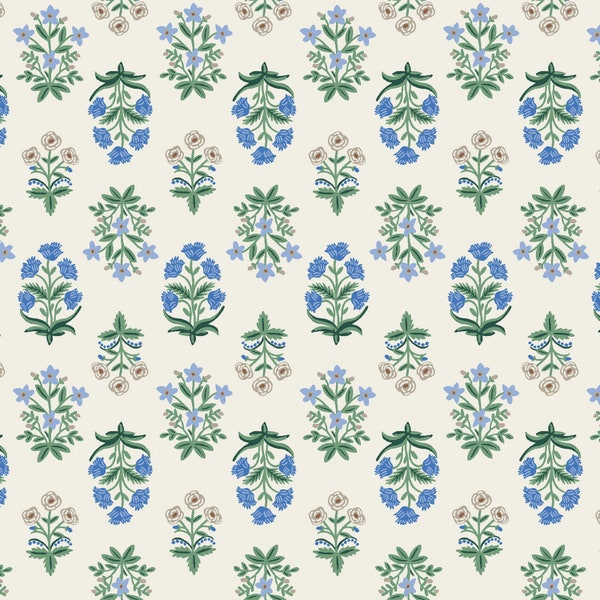Rifle Paper Fabric Camont 18th Century French Farmhouse Inspired Blue Mughal Rose in Cream Fabric