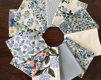 RIFLE PAPER Coordinating Fat Eighth Bundle Light Blue Collection Basics, Garden Party, Wildwood, Solids, Strawberry Fields in Shades of Blue
