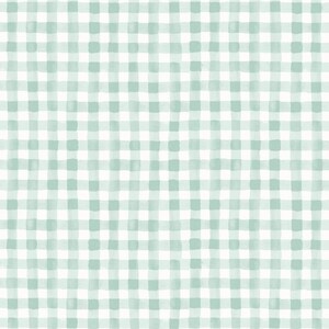 May include: A seamless pattern featuring a watercolor-style gingham design. The pattern consists of a grid of light green and white squares, creating a classic and fresh aesthetic. The brushstrokes give a soft, hand-painted feel.