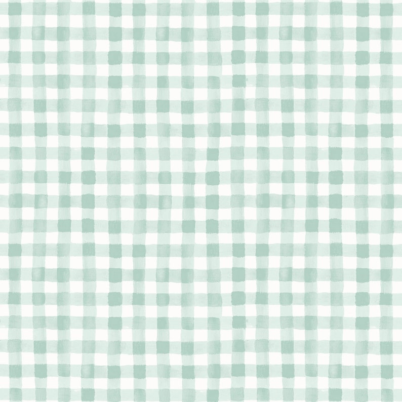 May include: A seamless pattern featuring a watercolor-style gingham design. The pattern consists of a grid of light green and white squares, creating a classic and fresh aesthetic. The brushstrokes give a soft, hand-painted feel.