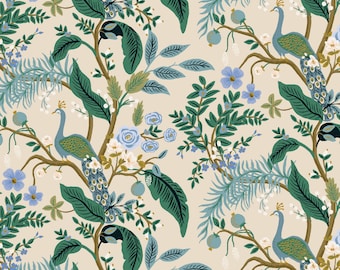 Rifle Paper NEW Release "Vintage Garden" Collection Peacock in Cream Metallic Cotton by the Yard, Half Yard