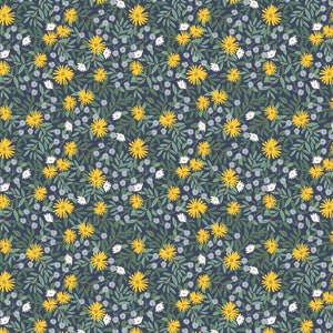 Tela de papel Rifle NUEVO lanzamiento BRAMBLE Tela vintage inspirada, Daisy Fields en algodón azul marino metalizado cortado a medida, media yarda