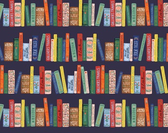 LIMITED SUPPLY Rifle Paper Company Curio Book Club Fabric in Navy Metallic Fabric, Rifle Paper Book Club Fabric Rifle Paper Company Curio
