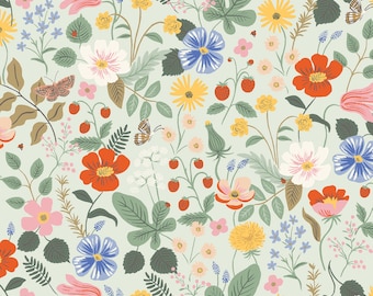 May include: A floral pattern featuring a variety of colorful flowers, including red, yellow, blue, and pink blooms, along with green leaves, strawberries, and butterflies. The design is set against a light green background, creating a vibrant and detailed botanical illustration.