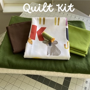 QUILT KIT Complete kit A to Z Animal Panel Peridot Green and Coffee Kona, 2 ply Jungle Green Flannel Backing, Warm and White Cotton Batting