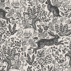 May include: A repeating pattern featuring squirrels and rabbits amongst stylized foliage and flowers in a black and white color scheme. The design includes detailed illustrations of plants, mushrooms, and other natural elements, creating a woodland theme.