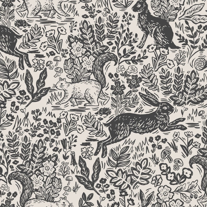 May include: A repeating pattern featuring squirrels and rabbits amongst stylized foliage and flowers in a black and white color scheme. The design includes detailed illustrations of plants, mushrooms, and other natural elements, creating a woodland theme.