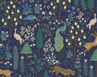 Rifle Paper Fabric Camont 18th Century Französische Bauernhaus Inspirierte Menagerie in Navy Metallic Fabric