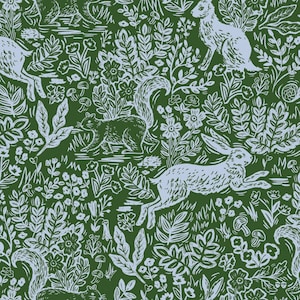 May include: A repeating pattern featuring woodland creatures and foliage in a dark green and light blue color scheme. The design includes squirrels, rabbits, flowers, and various plant life, creating a whimsical forest scene.