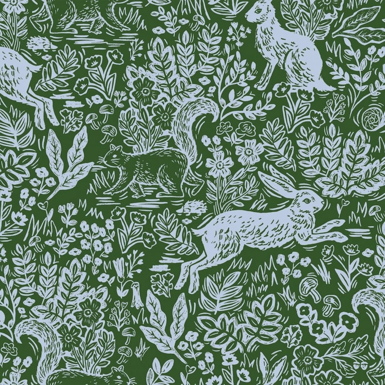 May include: A repeating pattern featuring woodland creatures and foliage in a dark green and light blue color scheme. The design includes squirrels, rabbits, flowers, and various plant life, creating a whimsical forest scene.