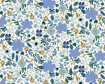 Rifle Paper Co. Garden Party-stof: wildrozeblauwe metallic bloemenkatoen