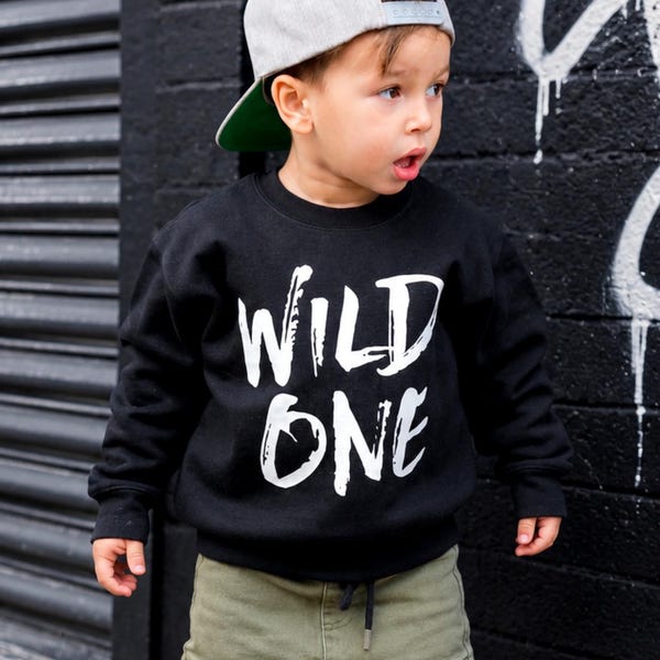 Wild One Kids Sweatshirt: First Birthday Outfit, Black Crew Neck