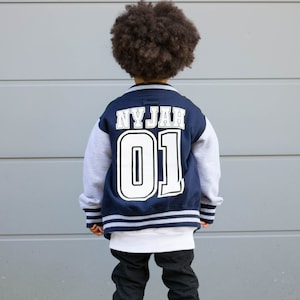 Baseball Style Kids Varsity Jacket, Custom Letterman Name & Number College Football Jacket for Boy or Girl image 1