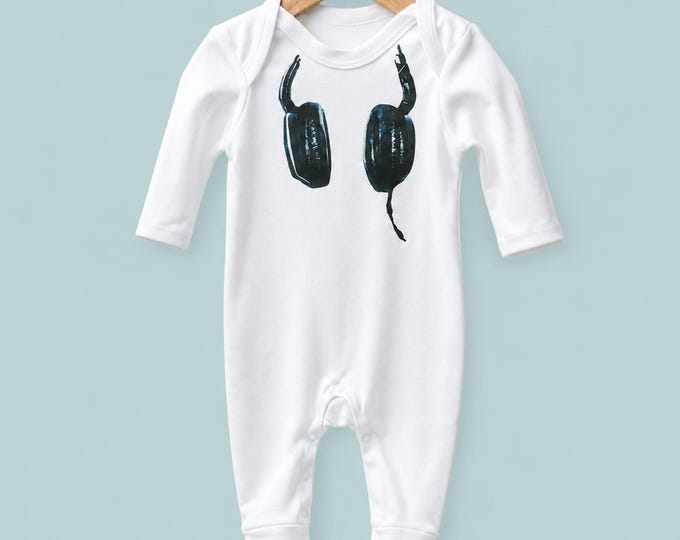 Baby DJ Headphones Romper: Hipster Music Gift, 100% Cotton Sleep Suit