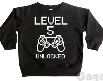 Kids Level 5 Unlocked Sweatshirt, Age Five Birthday Number Jumper, Video Gamer Sweater