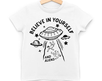 Believe in Yourself and Aliens Kids T-Shirt, Funny Alien Believer TShirt, Youth UFO Tee