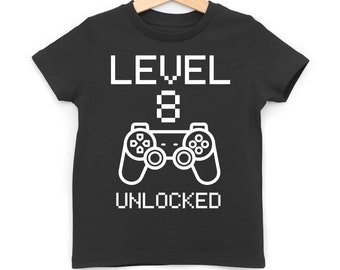 Level 8 Unlocked Kids T-Shirt, Age Eight Third Birthday Number Tee, Video Gamer Gift