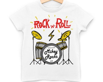Aangepast rock-'n-roll-drumstel-T-shirt voor kinderen: T-shirt met gepersonaliseerde muziek