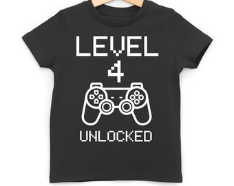 Level 4 Unlocked Kids T-Shirt, Age Four Third Birthday Number Tee, Video Gamer Gift