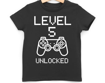 Level 5 Unlocked Kids T-Shirt, Age Five Third Birthday Number Tee, Video Gamer Gift