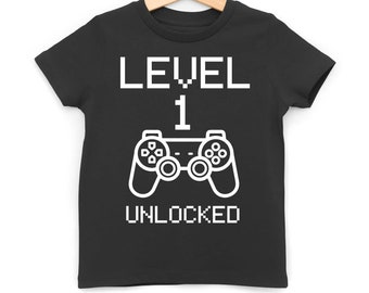 Level 1 Unlocked Kids T-Shirt, Age One Birthday Number Tee, Video Gamer Gift