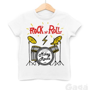 Kids Custom Name Rock 'n' Roll T-Shirt, Personalised Drum Kit, Future Music Rock Star Tee, Customised Drummer Band T Shirt