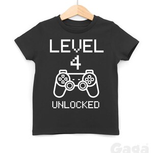 Level 4 Unlocked Kids T-Shirt, Age Four Third Birthday Number Tee, Video Gamer Gift image 1