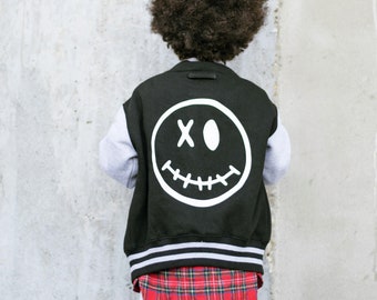 Happy Face Kids Varsity Jacket, Punk/Rock n Roll Bomber, Suits Boy or Girl