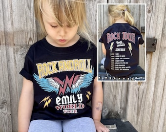 T-shirt personnalisé de tournée rock pour enfants, t-shirt personnalisé avec nom de rock and roll, t-shirt personnalisé programme de festival de groupie