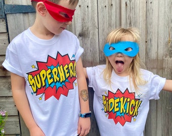 Kids Superhero & Sidekick Set, T-Shirt or Baby Bodysuit, Sibling Gift Set, Twins, Cousins, Best Friends Matching Comic Outfits