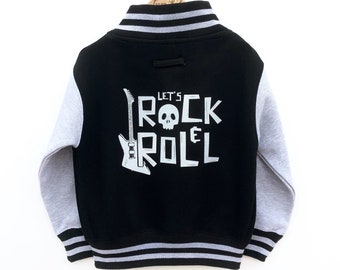 Lets Rock and Roll Bomber Jacket, Rock Star Theme Kids Varsity Jacket, Rock Party