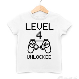 Level 4 Unlocked Kids T-Shirt, Age Four Third Birthday Number Tee, Video Gamer Gift image 2