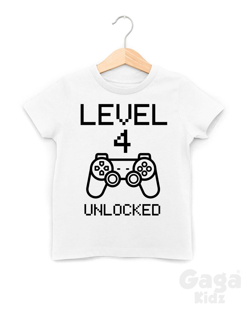 Level 4 Unlocked Kids T-Shirt, Age Four Third Birthday Number Tee, Video Gamer Gift image 2