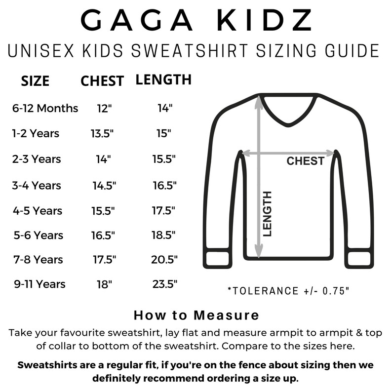 Pu&ograve; includere: Guida alle taglie per felpe unisex per bambini con una tabella che mostra le misure del torace e della lunghezza in pollici per le taglie che vanno dai 6-12 mesi ai 9-11 anni. La tabella include anche un diagramma di una felpa con le misure del torace e della lunghezza segnate.