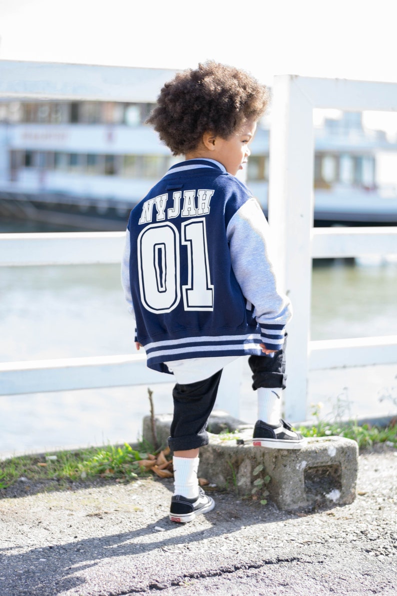 Baseball Style Kids Varsity Jacket, Custom Letterman Name & Number College Football Jacket for Boy or Girl image 2